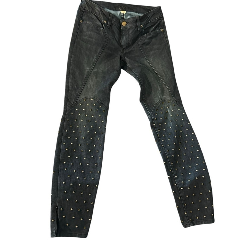 Bebe women's size 27 dark denim skinny jeans with embellished legs